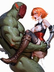 1girls ai_assisted ai_generated breasts_out defeated facial_marking flum_apricot gauntlets heroine_in_trouble hi_res interspecies knee_boots medium_breasts nipples ogre orange_eyes orange_hair orc pain pussy pussy_juice rape restrained roll_over_and_die saliva self_upload short_hair size_difference sleeveless stable_diffusion suspension tacocatbox tears thighhighs torn_clothes upright_straddle vaginal_penetration