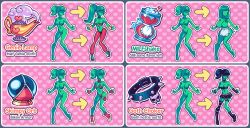 age_progression ankle_boots apron armor bandeau barefoot bikini bikini_armor black_boots black_choker black_hair black_lips black_thighhighs boots breasts choker colored_skin commentary completely_nude cosplay english_commentary english_text fingerless_gloves gloves goth_fashion green_skin hair_over_shoulder harem_pants highres large_breasts legwear_garter long_hair medium_breasts miniskirt monster_girl multiple_girls naked_apron no_eyes no_nipples nude oil_lamp orb original pants platform_boots ponytail power-up red_bandeau red_bikini red_boots red_choker red_pants red_shoes shantae shantae_(cosplay) shantae_(series) shoes single_legwear_garter skirt slime_girl spiked_choker spikes supersatanson swimsuit thighhighs transformation underboob waist_apron white_apron