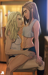 2girls andava andavaverse best_friends blonde_hair brianna_(andava) brown_hair erica_andreyko eye_contact female female_only looking_at_another medium_breasts original pumpkinsinclair sitting_on_lap sitting_on_person thick_eyebrows yuri