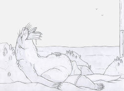 2026 abdominal_bulge ambient_bird ambiguous_gender ambiguous_prey anthro anthro_pred aquatic balls_outline beach beachcomber_(strega) belly big_belly bottomwear bulge clothed clothing detailed_bulge duo erection feet fur genital_outline greyscale hand_on_belly hi_res lying male male_anthro mammal membrane_(anatomy) monochrome mustelid on_back oral_vore otter penis_outline pinniped sand sea sea_lion semi-anthro shorts shorts_only strega tail toes topless vore water webbed_feet webbed_hands whiskers
