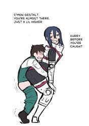 1boy 1girl 1girls almost_caught almost_fully_inside ambiguous_penetration armor armored_female biomechanical bioroid black_clothing blue_eyes blue_hair bodyguard_position boots brown_hair chestplate clothed clothed_sex clothing difficult_situation faceless faceless_character faceless_male femdom gestalt_(signalis) green_clothing gritted_teeth gritting_teeth hiltonhanoi hug hugging hugging_another hugging_from_behind japversus looking_at_another looking_down motion_lines no_background pants pants_down raised_eyebrows red_straps robot_humanoid robot_joints robotic_arm shorter_male signalis simple_background simple_coloring simple_drawing smiling smiling_at_partner smug smug_expression smug_face smug_grin storch_(signalis) taller_female teasing tiptoes white_background white_clothing white_skin worker