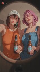 2girls ai_generated aisinful alcohol ass ayase_momo beer beer_can big_ass big_breasts big_butt blush bottle breasts can closed_eyes coca-cola coffee_cup cup dandadan disposable_cup drink drinking_glass drinking_straw female hi_res holding_bottle holding_can large_breasts lips medium_breasts milk multiple_girls nose photo_(medium) pink_hair realistic shiratori_aira_(dandadan) short_hair soda soda_can tank_top thick_thighs whiskey wide_hips