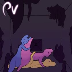absurd_res ambiguous_penetration anthro blue_body body canid digital_media_(artwork) eyes_closed female feral fur group hi_res male mammal nude open_mouth passey_voppy penetration pink_body purple rain_world shelter simple_background slugcat smile tail trio videocult yellow_body