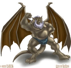 1boy beard bulge daboz disney flex gargoyles hudson_(gargoyles) looking_at_viewer male male_only muscle_gut old_man solo speedo text