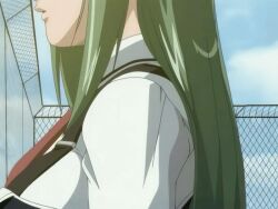 00s 1boy 1girls 2005 animal_ears animated anime_screenshot bible_black bible_black_only blue_eyes evening female fence forced grabbing_from_behind green_hair ito_mika long_hair multiple_views necktie outdoors rabbit_ears school school_roof school_rooftop school_uniform sky sunset tagme turnaround