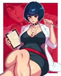 1girls absurdres alternate_breast_size_(larger) belt black_dress black_hair bob_cut border breasts brown_eyes choker cleavage closed_mouth collarbone covered_navel crossed_legs dress female female_only fingernails highres kryokenn lab_coat large_breasts lips looking_at_viewer outside_border persona persona_5 pink_lips red_background red_belt red_nails sitting solo tae_takemi takemi_tae thighs white_border
