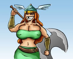 axe barbara_(rayman) barbarian battle_axe female headgear helmet human oddrich rayman_(series) rayman_legends red_hair weapon xanafar