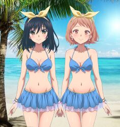 2girls bare_legs bare_shoulders beach black_hair blue_bikini blush bracelets brown_hair cleavage collarbone large_breasts long_hair looking_at_viewer medium_breasts pleated_skirt ribbon short_hair smiling standing string_bikini