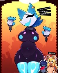 1boy 2d 2girls anthro armor belt_collar big_breasts blonde_hair blue_hair blue_nipples blue_thighhighs breasts brown_fur cat_ears chains collar cute_face cute_fang deer_girl deltarune earrings eyes_covered female furry gift_wrapped hand_on_shoulder handcuffs horn kris_(deltarune) long_hair male monster_girl naked nervous_smile nipple_slip noelle_holiday red_nose shocked short_hair tasque_manager_(deltarune) teeth text thick_thighs
