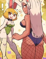 2girls big_breasts blonde_hair bunny_ears bunnysuit carrot_(one_piece) cleavage dark-skinned_female dark_skin female female_only fishnets large_breasts looking_at_viewer mink miruko my_hero_academia one_piece rabbit rabbit_ears red_eyes rumi_usagiyama thick_thighs thighhighs thighs tony_welt usagiyama_rumi white_body white_hair white_skin wide_hips