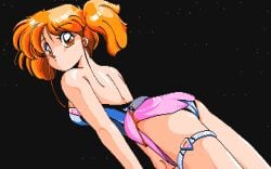 1990 1990s 1girls 90s back black_background blonde_hair breasts clothed clothing custom_(company) cyberblock_metal_orange female female_only game_cg light-skinned_female light_skin panties pc88 pc98 pixel_art ponytail screenshot simple_background solo solo_female thighs tomo_(cyberblock_metal_orange) twintails yellow_eyes