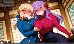 2girls ? ahoge ai_generated artoria_pendragon_(fate) bangs bb_(fate) blonde_hair blue_ribbon blurry blurry_background blurry_foreground blush braid breast_grab breast_press breasts clenched_teeth depth_of_field drunk eyebrows_visible_through_hair fate_(series) female french_braid grabbing green_eyes grin hair_between_eyes hair_ribbon heart heart-shaped_pupils high-waist_skirt indoors large_breasts leotard long_hair looking_at_viewer matou_sakura multiple_girls nose_blush on_table purple_eyes purple_hair red_ribbon ribbon saber saber_(fate) shouji skirt sliding_doors smile symbol-shaped_pupils table tagme teeth velianthart