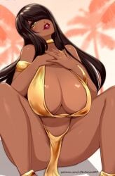 1girls big_breasts bikini black_hair dark-skinned_female dark_skin egyptian eyelashes farah female female_only gold_bikini green_eyes hair_over_one_eye hi_res legend_of_queen_opala loincloth long_hair looking_at_viewer mole mole_above_mouth nofuture red_lipstick sitting smiling smiling_at_viewer solo swimwear thick_thighs