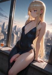 1futa ai_generated balls big_penis black_dress blonde_hair blue_eyes cleavage dress futa_only futanari hime_cut hime_girl_(jamesbron) intersex jamesbron large_penis leaning_back long_hair penis precum precum_drip small_breasts solo solo_futa standing thighs