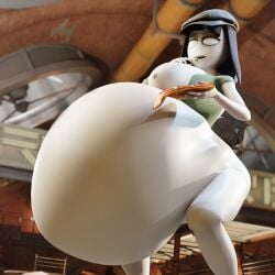 3d 3d_(artwork) bent_knees black_hair bottomless creepette_holloway drooling exposed_breasts gigantic_belly hat industrial_background looking_at_viewer nipples pizza_slice pregnant_female thin_arms thin_legs tongue_out wardrobe_malfunction white_eyes white_skin zenba