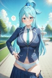 1girls ? accidental_exposure ai_generated aimoonshine alternate_costume aqua_(konosuba) ass_visible_through_thighs belly_button blazer blue_eyes blue_hair blue_jacket blue_necktie blue_panties blue_skirt blue_sky blush breasts campus closed_mouth clothes_pull cloud clueless collared_shirt confused confusion courtyard cowboy_shot day female female_only fountain hair_between_eyes hair_ornament hair_rings hand_on_hip hand_on_own_hip jacket kono_subarashii_sekai_ni_shukufuku_wo! konosuba large_breasts long_hair long_sleeves looking_at_viewer navel necktie open_skirt outdoors panties pantyshot pleated_skirt question_mark school school_uniform schoolgirl schoolgirl_uniform shirt single_hair_ring skirt skirt_down skirt_pull sky smile solo solo_female speech_bubble spoken_question_mark standing striped_clothes striped_panties thigh_gap tree unaware underwear v-shaped_eyebrows wardrobe_malfunction white_shirt