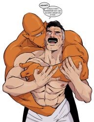 2boys abs alien allen_(invincible) bara bare_pectorals biceps black_hair bonjourdraws closed_mouth colored_skin commentary english_commentary english_text facial_hair hand_on_another's_crotch highres invincible_(series) looking_at_another male_focus moustache multicolored_hair multiple_boys muscular muscular_male navel nipples omni-man open_mouth orange_skin pectorals pointy_ears speech_bubble sweatdrop topless_male towel towel_around_waist veins veiny_arms white_background white_hair yaoi