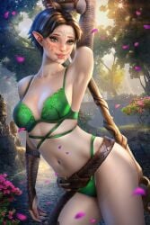 1girls 2d ayyasap bra brown_hair dalish_elf dragon_age dragon_age_2 elf elf_ears elf_female female female_only green_bra green_panties merrill_(dragon_age) panties skinny solo solo_female tagme