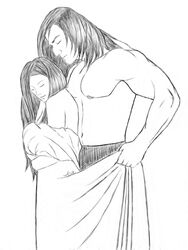 1boy 1girls a_song_of_ice_and_fire adm black_and_white closed_eyes duo female larger_male literature long_hair male monochrome muscular muscular_male partially_clothed pencil_(artwork) sandor_clegane sansa_stark shirtless size_difference sketch smaller_female smile straight topless