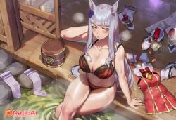 ai_generated curvy dominant_female drunk drunk_sex gold_ship_(umamusume) horse_ears horse_girl hot_spring large_breasts muscular muscular_female naticai pubic_hair sake sex sweat umamusume umamusume_pretty_derby white_hair