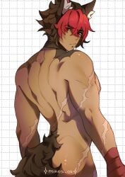 1boy abs animal_ears ass bara biceps big_ass big_pecs brown_hair collar dog_collar gay kemonomimi komano_manato looking_at_viewer male male_only minos_06 minos_06_(artist) muscular muscular_back muscular_chest muscular_male naked naked_male nipples no_visible_genitalia norano_(zenless_zone_zero) pecs red_hair scar scars showing_ass showing_off tail tank_top two_tone_hair wide_shoulders yaoi zenless_zone_zero