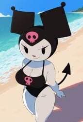 ai_generated anthro beach big_breasts cleavage curvy_figure kuromi looking_at_viewer one_piece_swimsuit onegai_my_melody sanrio seductive smile