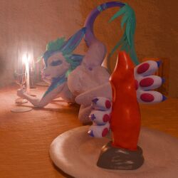 1:1 2025 3_toes 3d_(artwork) 4_ears absurd_res alcohol ambiguous_gender anthro anus aquinas_audax ass avali avian bad_dragon beverage blender_(artwork) blender_cycles blender_eevee candle chair claws container cup digital_media_(artwork) dildo dildo_(bad_dragon) drinking_glass feathers feet fire foot_fetish foot_focus foot_on_dildo furniture glass glass_container glass_cup half-closed_eyes hi_res looking_at_viewer multi_ear narrowed_eyes nude on_table pawpads plate sex_toy solo table tail toes tongue tongue_out white_body wine wine_glass