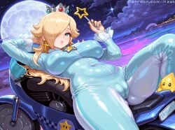 1girls big_breasts biker_clothes blonde_hair blue_bodysuit blue_eyes blue_nail_polish blue_nails blush bodysuit breasts cameltoe crown ear_piercing earrings female female_focus hair hair_over_one_eye hand_behind_head headwear holding_object itzah lips long_hair luma mario_(series) motorcycle nail_polish nails nintendo parted_lips pixel_art princess_rosalina racing_suit solo solo_focus track_suit wand