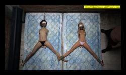 1boy 1boy2girls 2girls 3d arms_behind_back black_panties blindfold bondage bound_ankles captivity captured female femsub functionally_nude gag gagged kidnapped male mattress nipple_chain original panties spread_legs tape_gag taylor-s-rose topless topless_female white_panties