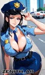 ai_generated large_ass large_breasts naughty_face nico_robin one_piece open_topwear police_hat police_uniform policewoman sweat wide_hips zenithai