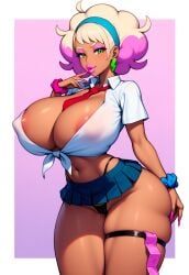 1girls ai_generated areola areolae arm_at_side big_breasts bimbo bimbo_body bimbo_lips bimbofication bimbofied blonde_hair bottom_heavy cameltoe cleavage colored_nails condom condom_packet condom_packet_strip condom_wrapper dark-skinned_female dark_skin dress_shirt earrings eyeshadow female finger_to_mouth green_eyes gyaru hairband huge_ass huge_breasts legs_together lipstick long_nails microskirt midriff multicolored_hair navel nintendo nipple_bulge no_bra novelai peonia_(pokemon) pink_hair pleated_skirt pokemon pokemon_sv prostitute pussy_juice school_uniform scrunchie seductive seductive_look short_sleeves smile smirk smug solo solo_female tan tan_body tan_skin tgm101_(artist) thick_lips thick_thighs thigh_strap thin_waist thong tie tied_shirt waiting waiting_for_sex wanting_sex wide_hips wrist_scrunchie