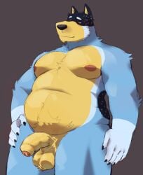 anthro balls bandit_heeler belly biceps blue_body bluey_(series) canid canine canis claws domestic_dog foreskin genitals hairy half-erect hi_res humanoid_genitalia humanoid_penis male mammal nude overweight penis slightly_chubby solo srapolowo