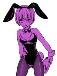 alternate_costume banira_(pixiv) bowtie bunny_ears bunny_tail bunnysuit crossdressing femboy gintama male male_only male_playboy_bunny monochrome okita_sougo pantyhose purple_theme solo tray wrist_cuffs
