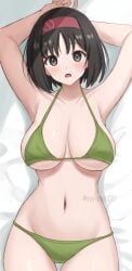 alluring big_breasts bikini black_hair cleavage dakimakura erika_(pokemon) female grey_eyes pin_up pokemon pokemon_(anime) pokemon_frlg pokemon_gsc pokemon_hgss pokemon_rbgy surippa1010 under_boob