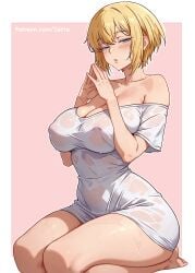 1girls alternate_version_available big_breasts blonde_hair blue_eyes blush breasts cetta_(cettadvd) dress_shirt enen_no_shouboutai female female_only hair half-closed_eyes hands_together huge_breasts nipple_bulge on_knees shirt short_hair sister_iris_(fire_force) solo solo_female thighs wet wet_body wet_clothes wet_shirt white_shirt