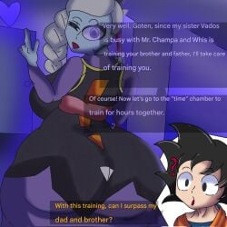 1boy 1boy1girl 1girls abraham_mega big_ass big_breasts confused cunfused_face cunfused_look cus dragon_ball dragon_ball_super dragon_ball_z english_text female flirting goten holding_object holding_staff male male/female smaller_female smaller_male staff text white_hair