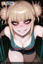 ai_generated bangs blonde_hair blunt_bangs blush breasts cleavage dollmaker dollmaker_(artist) double_bun eyebrows_visible_through_hair fangs female from_above hair_bun looking_at_viewer looking_up medium_breasts messy_hair patreon_username sitting smile solo tagme tank_top thighs toga_himiko watermark yellow_eyes