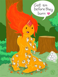 1girls adventure_time coldfusion completely_nude_female english_text fire_hair flame_princess forehead_jewel inviting_to_sex looking_at_viewer looking_back marshmallow outdoors solo speech_bubble tree_stump uncensored viewed_from_behind wariza