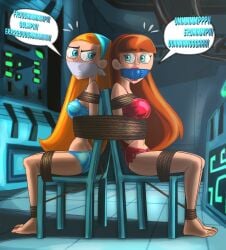 2girls ball_gag barefoot blue_eyes bondage bra cloth_gag danny_phantom erikson1 feet female gag gagged handband jazz_fenton nickelodeon original_character otm_gag panties ponytail red_lipstick rope rope_bondage tape tied tied_to_chair tied_up underwear