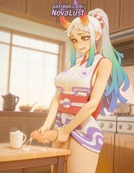 1futa 2025 ai_generated artist_name bare_shoulders breasts breasts breasts bust chest earrings english_text futanari hair_ornament hi_res high_quality high_resolution highres horns japanese_clothes jewelry kimono multicolored_hair novalust one_piece patreon patreon_username ponytail sleeveless_kimono stable_diffusion watermark yamato_(one_piece)
