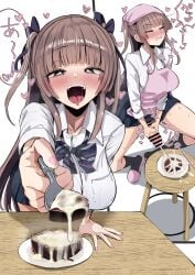 absurdres akiamare apron blue_skirt bow bowtie breasts brown_hair candy censored chocolate closed_eyes collared_shirt commentary_request cum cum_on_food ejaculation erection female food futanari futanari_masturbation green_eyes heart heart-shaped_chocolate heart-shaped_food heart-shaped_pupils highres incoming_food large_breasts long_hair masturbation open_mouth original penis pink_apron plate projectile_cum shirt skirt speech_bubble standing stool symbol-shaped_pupils table text white_shirt