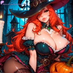 ai_generated bewitching_miss_fortune blush cleavage graveyard green_eyes halloween large_breasts league_of_legends light_skin long_hair looking_at_viewer miss_fortune naughty_face patreon patreon_username perfect_body pumpkin red_hair riot_games solo solo_female solo_focus stable_diffusion stblfantasy thick_lips witch witch_costume witch_hat