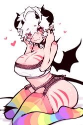 2025 bat_wings black_hair blaire_rune blairevt blush breasts demon_horns demon_tail garter_belt garter_straps heart_symbol horns indie_virtual_youtuber lace lace_trim large_breasts nipples_visible_through_clothing nonbinary rainbow_socks rainbow_thigh_highs rainbow_thighhighs red_eyes red_stripes short_hair skindentation smile smiling smiling_at_viewer striped_body tail tank_top thick_thighs virtual_youtuber vtuber wavy_mouth white_hair white_top