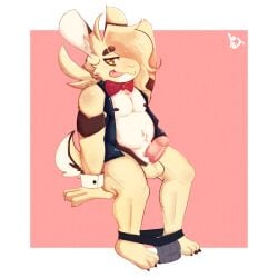 anthro belly bow_tie clint_(rj-kun) clothed clothing fur fur_tuft genitals hi_res jockstrap jockstrap_down lagomorph leporid male mammal markings nipples penis rabbit raised_arm rj-kun solo stripper stripper_clothes tongue tongue_out tuft underwear