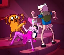 adventure_time backpack bag blonde_hair female finn_the_human gunther handjob high_heels human jake_the_dog male manual pale_skin princess_bubblegum supersatanson thighhighs