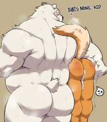 2025 absurd_res after_sex anthro arm_around_shoulders ass back_muscles bear belly blush bodily_fluids butt_grab canid canine claws cum cum_from_ass cum_in_ass cum_inside deltoids dialogue duo english_text finger_claws fur genital_fluids hand_on_butt hi_res holding_partner jumperbear larger_anthro larger_male long_tail male male/male mammal motion_lines muscular muscular_anthro muscular_arms muscular_male narrowed_eyes orange_body orange_fur overweight overweight_anthro overweight_male polar_bear size_difference small_tail smaller_anthro smaller_male spank_marks steam sweat tail text triceps twitching ursine white_body white_fur x_eyes
