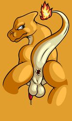 anus back_view beige_skin bent_over charmeleon color fire flygon_(artist) grey_eyes looking_at_viewer looking_back male male_only nintendo nude open_eyes orange_background orange_skin penis pokémon_(species) pokemon precum raised_tail shiny_charmeleon shiny_pokemon slug solo tail tail_fire testicles