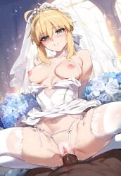 1boy 1girls ai_generated artoria_pendragon blonde_hair cowgirl_position dark-skinned_male ded_173 fate_(series) interracial lingerie medium_breasts riding saber sex wedding_dress