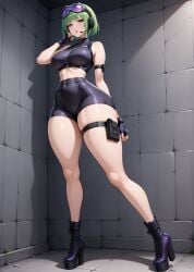 1girls abs ai_generated crop_top ela_(rainbow_six) female green_hair headset_microphone headwear high_heels jacket short_hair thick_thighs tight_clothing wide_hips yoga_pants