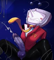 antenna_wire antennae antennae_(anatomy) bondage bow bowtie deltarune deltarune_chapter_3 embarrassed embarrassed_expression erect_penis erection long_penis male male_only male_sub non-human non-human_only penis penis_out penis_out_of_pants screen screen_face screen_head solo_male spread_legs spreading suit suspension tenna_(deltarune) tv tv_head veiny_penis wire